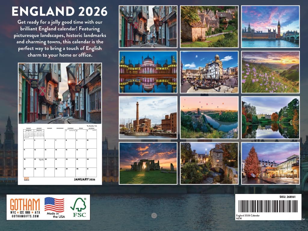 England Calendar 2026 Monthly Wall Calender 12 Month | American Made In The USA