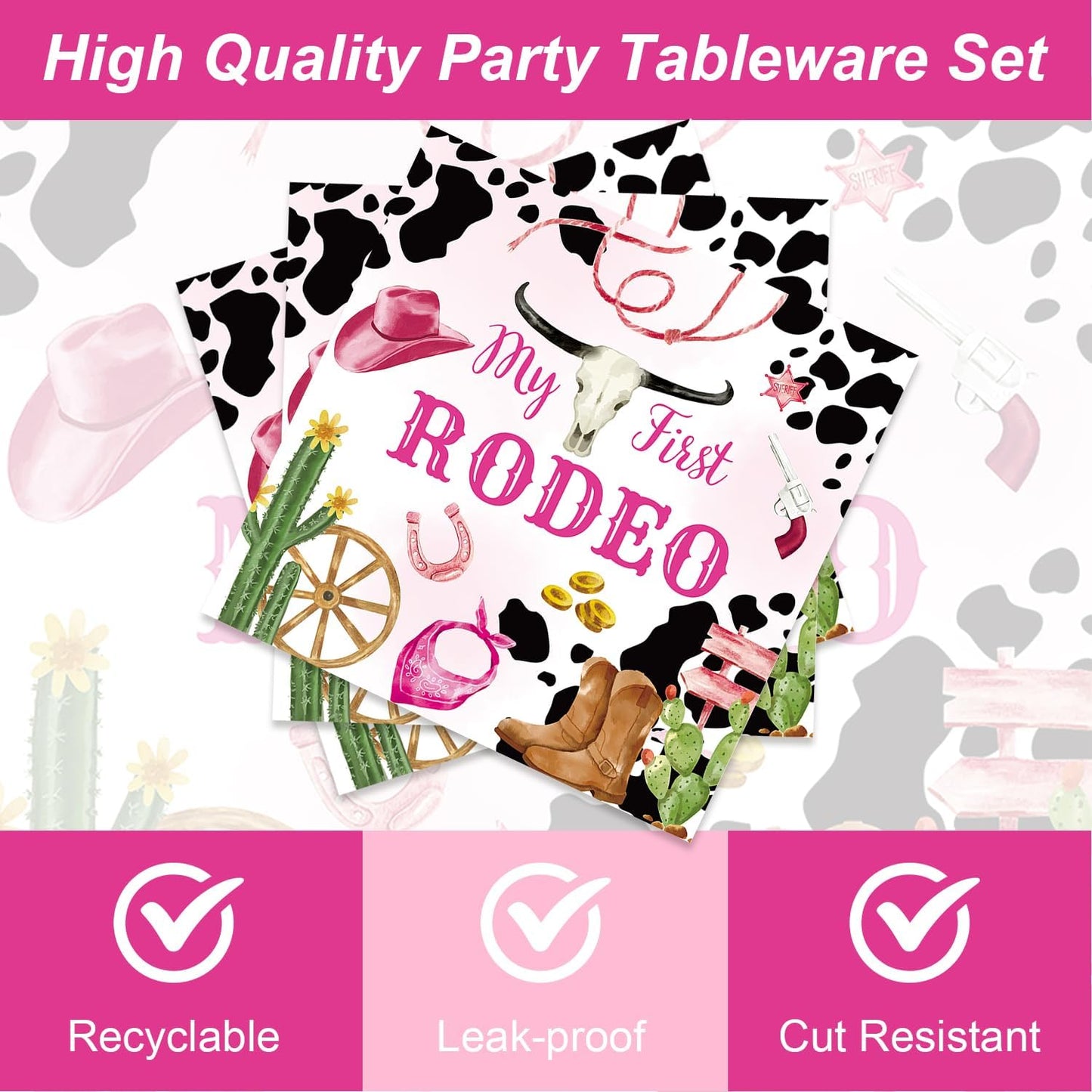 48Pcs My First Rodeo Decorations Girl Western Cowgirl Party Supplies Disposable Pink Cowgirl 1st Birthday Plates Napkins Forks Serves 16 Cowgirl Birthday Party Decorations