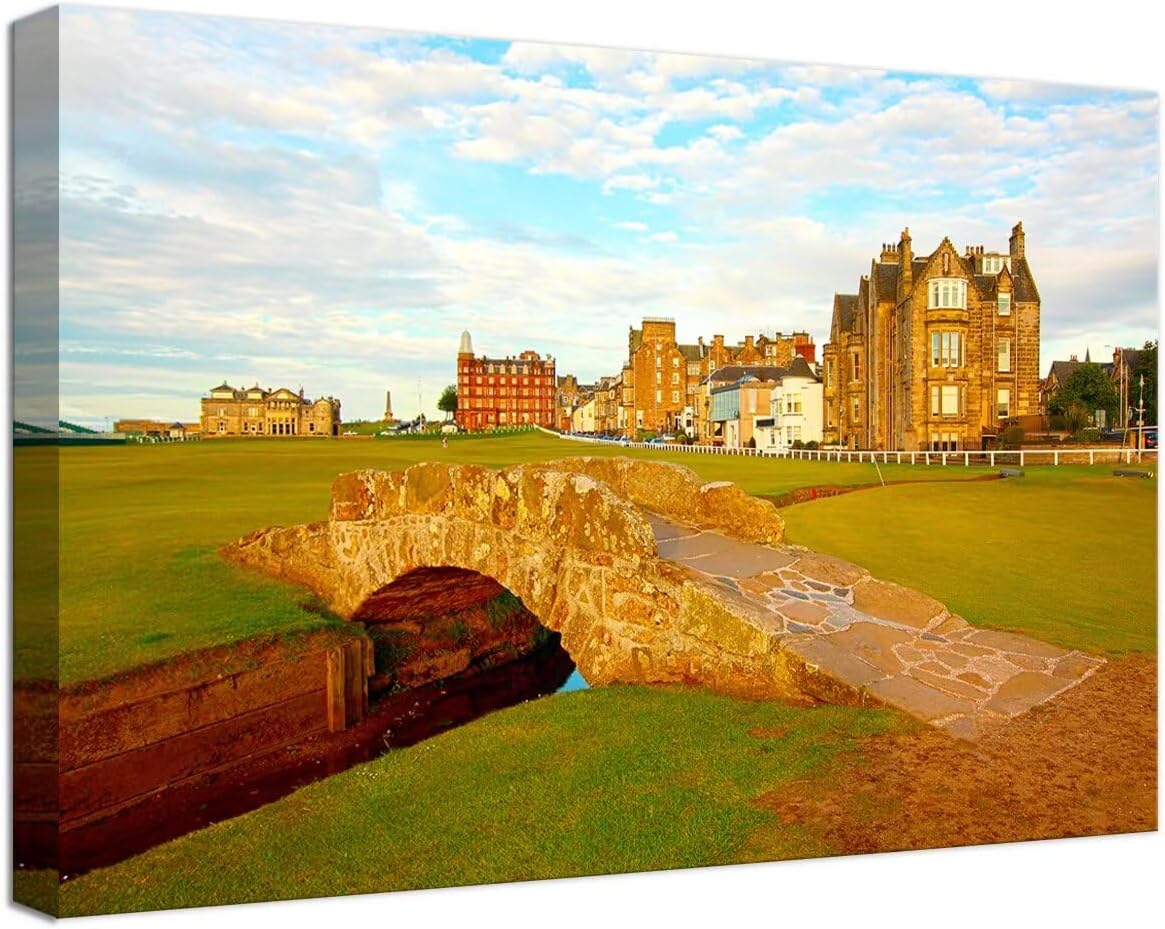 St Andrews Golf Course Wall Art for Living Room Bedroom Home Decorations Golf Course Swilcan Bridge St Andrews Picture Poster Framed Artwork Canvas Prints Ready to Hang(12''H x 16''W)