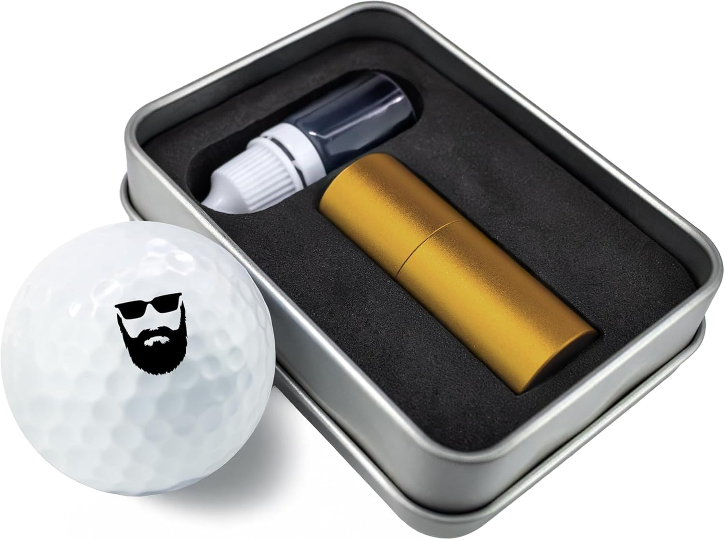 Golf Ball Marker Stamp with TiteSeal™ Technology - Beard - Metallic Box with Golf Ball Stamp + Refill Ink Bottle - Black