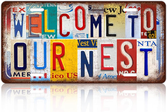 Vintage Welcome License Plate Welcome To Our Nest Wall Decor Metal Tin Sign For Bar Home 12 x 6 Inches