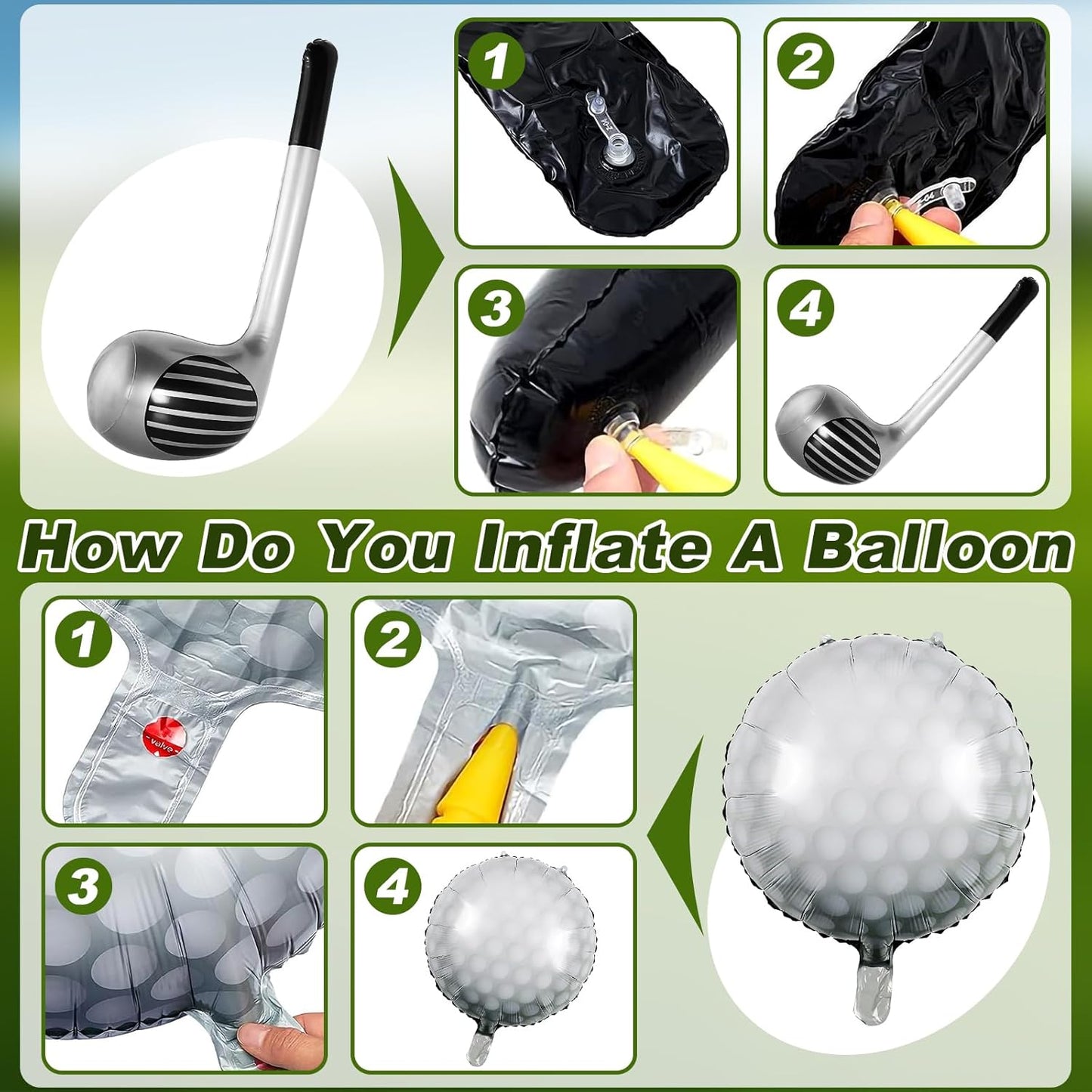 Haoguo 14Pcs Golf Balloons Inflatable Golf Club Golf Birthday Party Decorations 12 Pcs Golf Ball Balloons 2 Pcs Golf Club Balloons for Golf Theme Party Sports Party Supplies