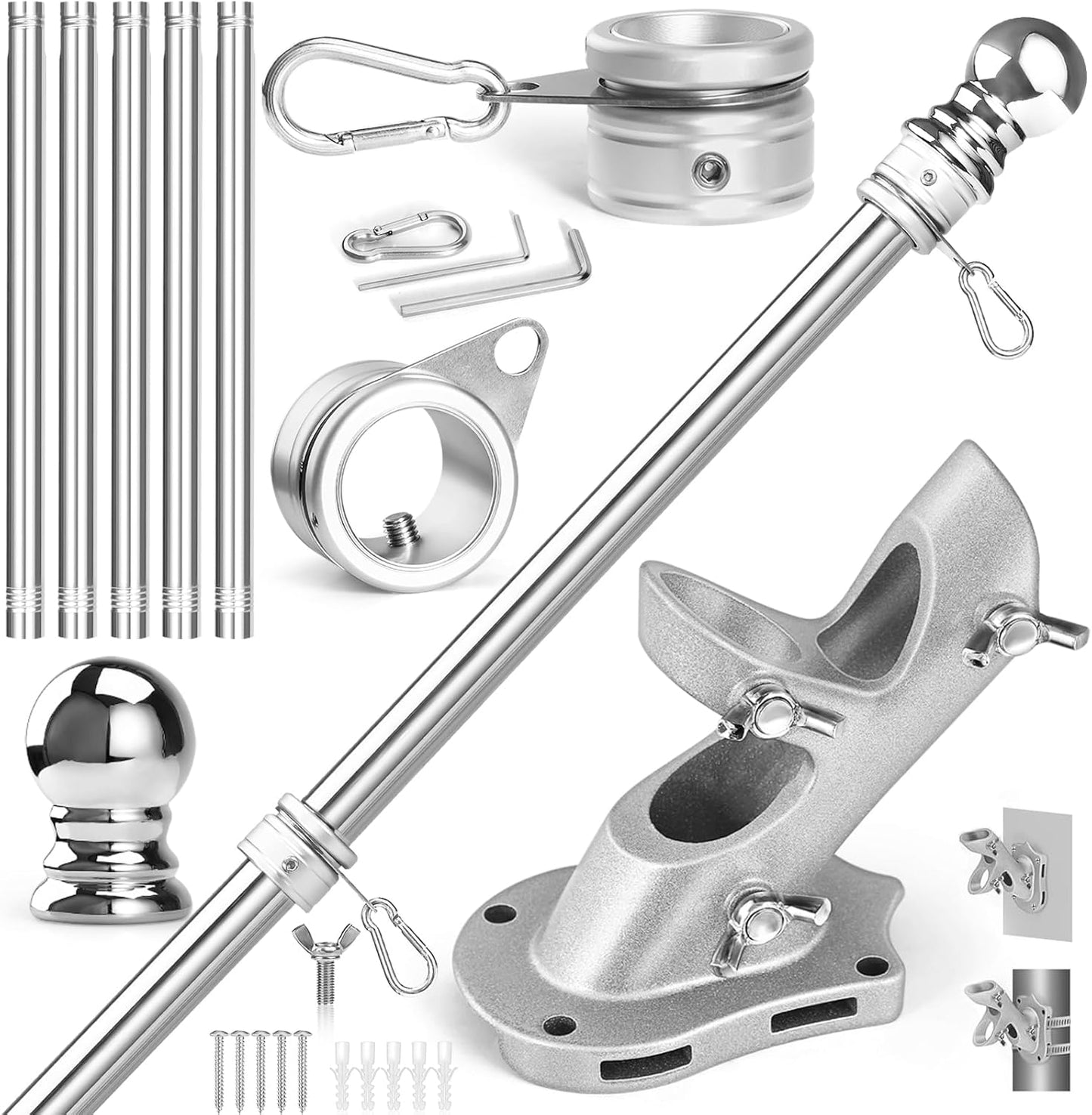 Anovo Flag Pole Kit- Stainless Steel 6 FT Flag Poles with1 Inch Metal 360° Rotating Flag Pole Rings Clip, Two-Position Flag Pole Holder Brackets Mounting for Outside House Outdoor Porch (6 FT-Sliver)