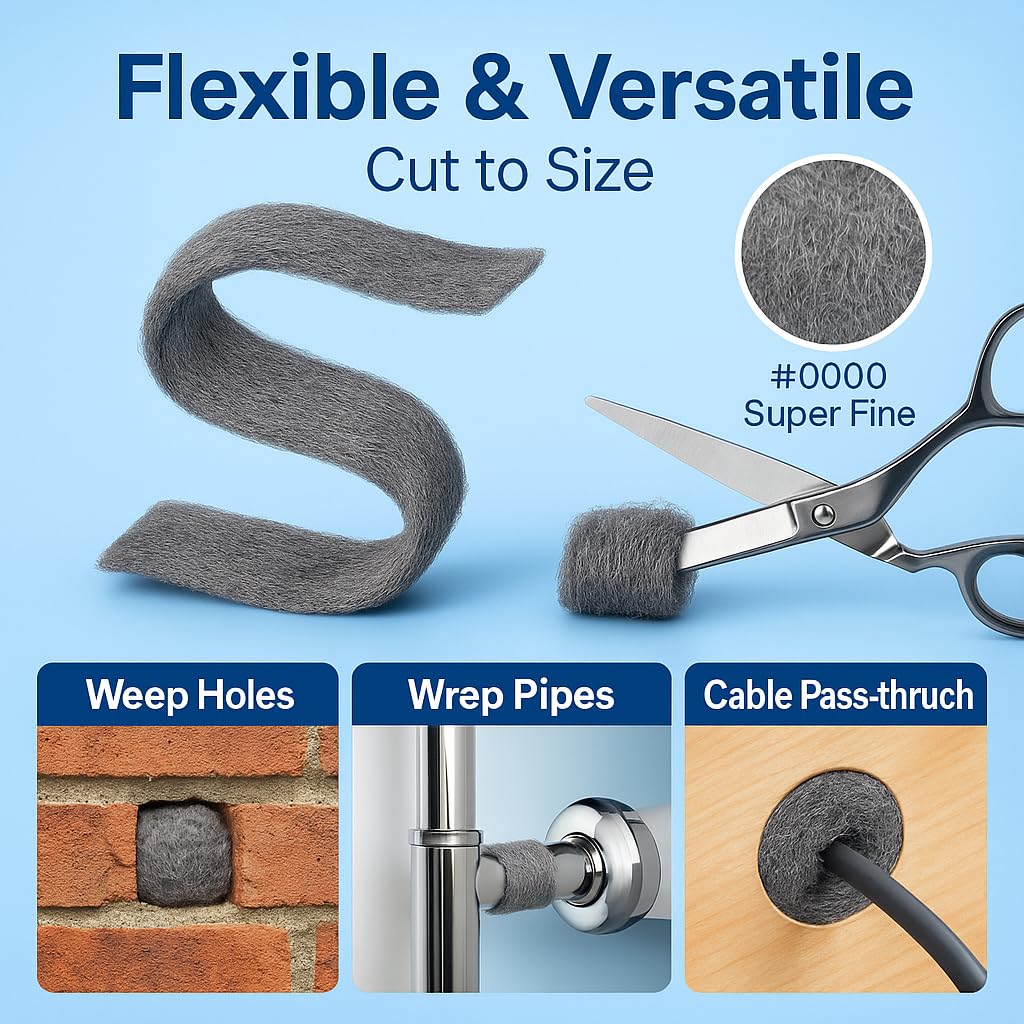 Steel Wool #0000 Grade Pads, 36 Pack – Flexible Cut to Size Wire Wool for Glass Shower Door Hard Water Removal, Chrome & Stainless Steel Polishing, Weep Hole Gap Filler, Mice Control & Rodent Barrier