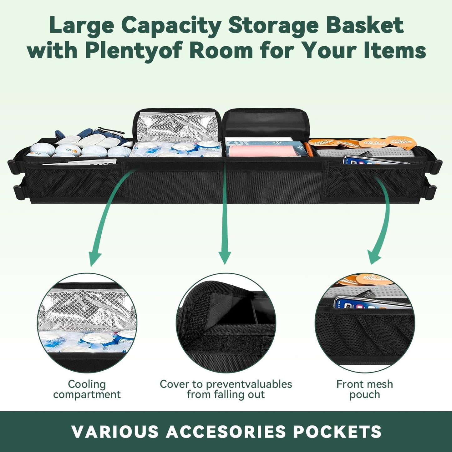 Golf Cart Storage Organizer, Golf Cart Front Storage Basket with Insulated Compartment No-Drilling Golf Cart Basket Compatible with EZGO, Club Car, Kandi Electirc Golf Carts
