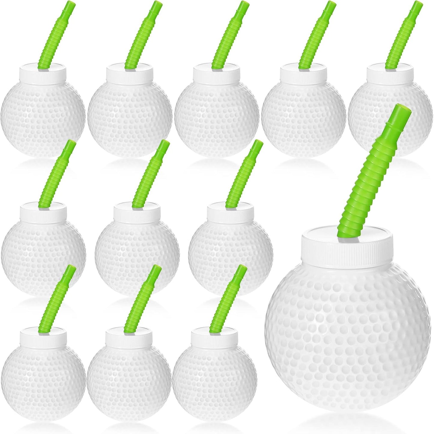 Sawysine 12 Set Golf Ball Cups with Straws and Lids - 10 oz Reusable Golf Plastic Cups Bulk for Kids Birthday Theme Party Supplies