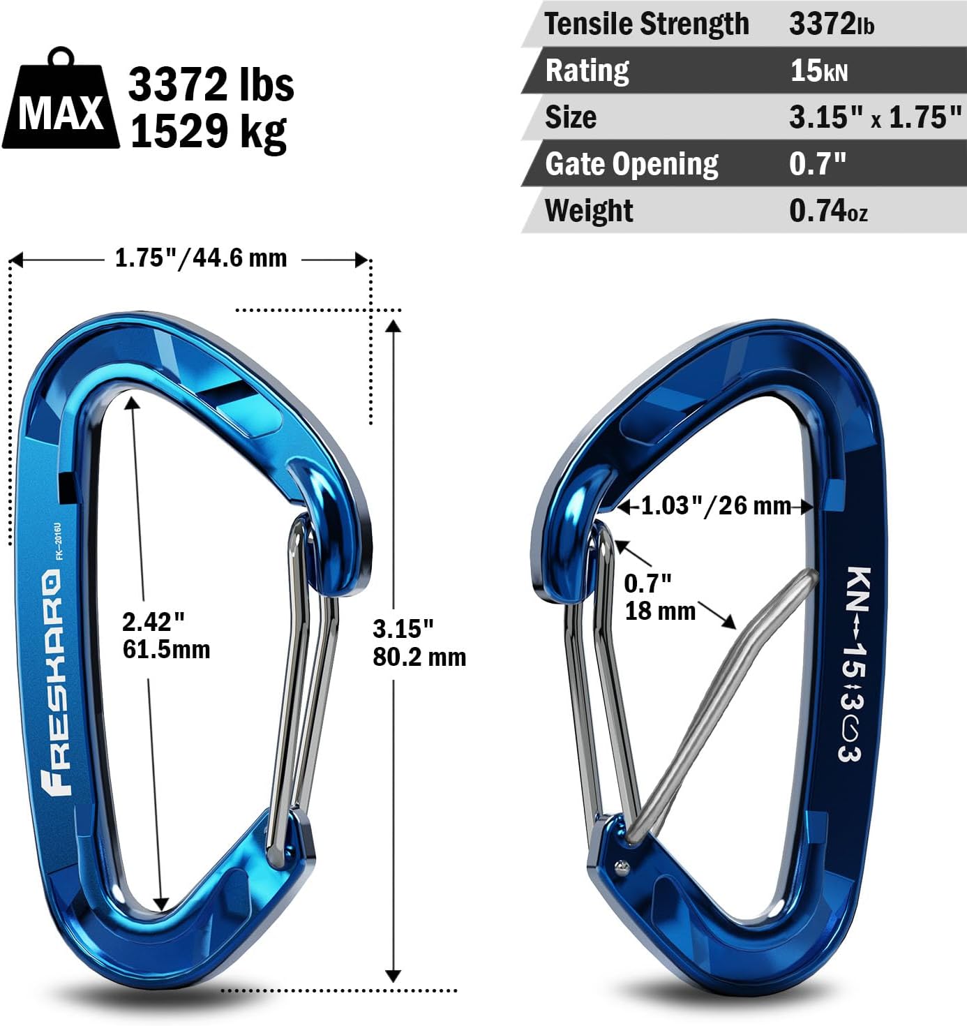 FresKaro 15kN-3372lbs Heavy Duty Wiregate Carabiners, Reliable Time-Tested Stainless Steel Spring Gate, for Camping, Hiking, Hammocks, Backpacking, Dog Leash etc., 3.15inch