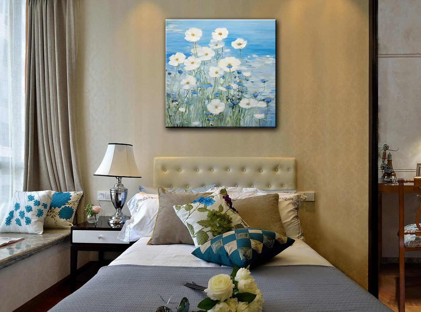 dgbtcart Bathroom Wall Art White Daisy Flower Picture Decor, Textured Blue Floral Painting Modern Artwork Canvas Print for Bedroom Office Home Decoration - 14"x14"