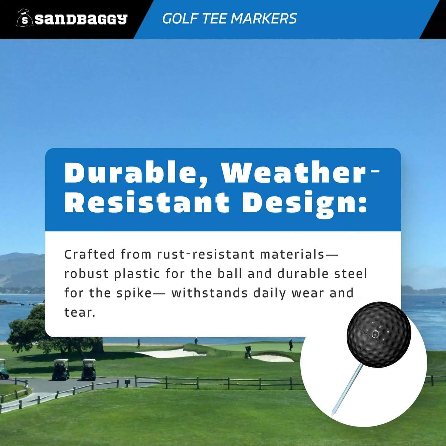 Sandbaggy Plastic Tee Markers for Golf Course (UV Resistant) - Steel Spike - Safety Caps Included