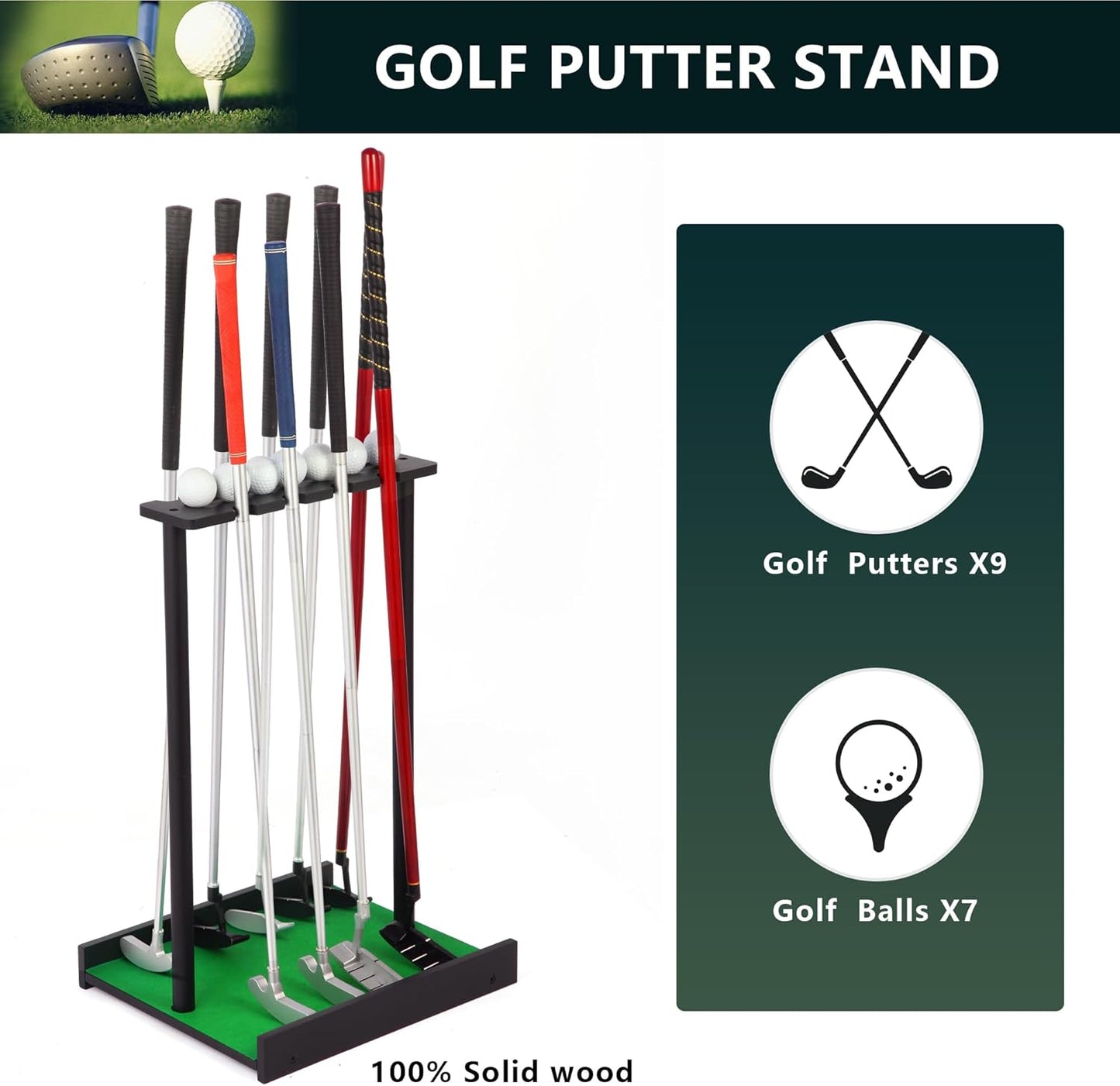 Golf Putter Stand for 9 Clubs & 7 Balls, Solid Wood Golf Club Rack, Golf Club Organizer Floor Stand, Golf Club Holder | Rustic Modern Design for Home, Office, Golf Course Accessories