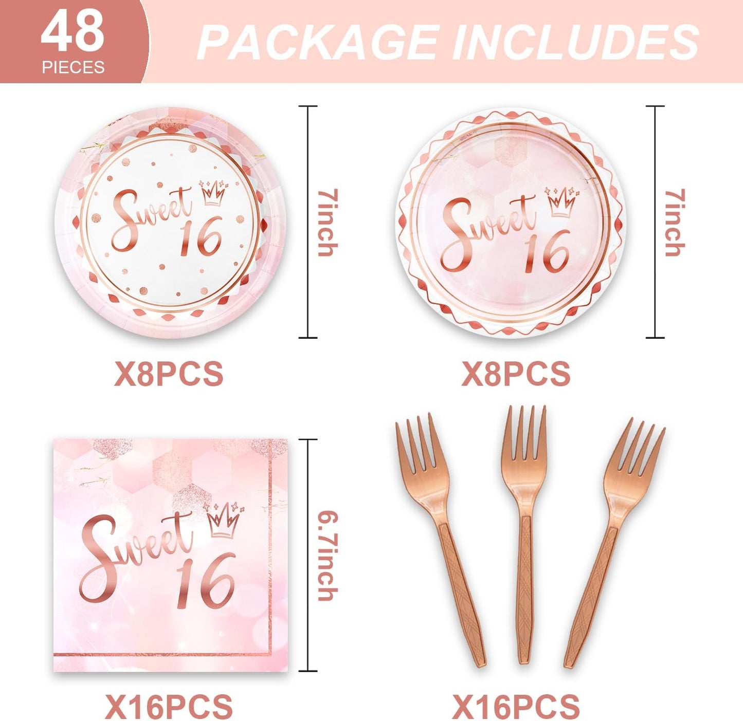 48Pcs Sweet 16 Party Decorations 16th Tableware Set Supplies Pink Disposable Birthday Plates Napkins Forks Serves 16 Sweet Sixteen Party Decorations For Girls