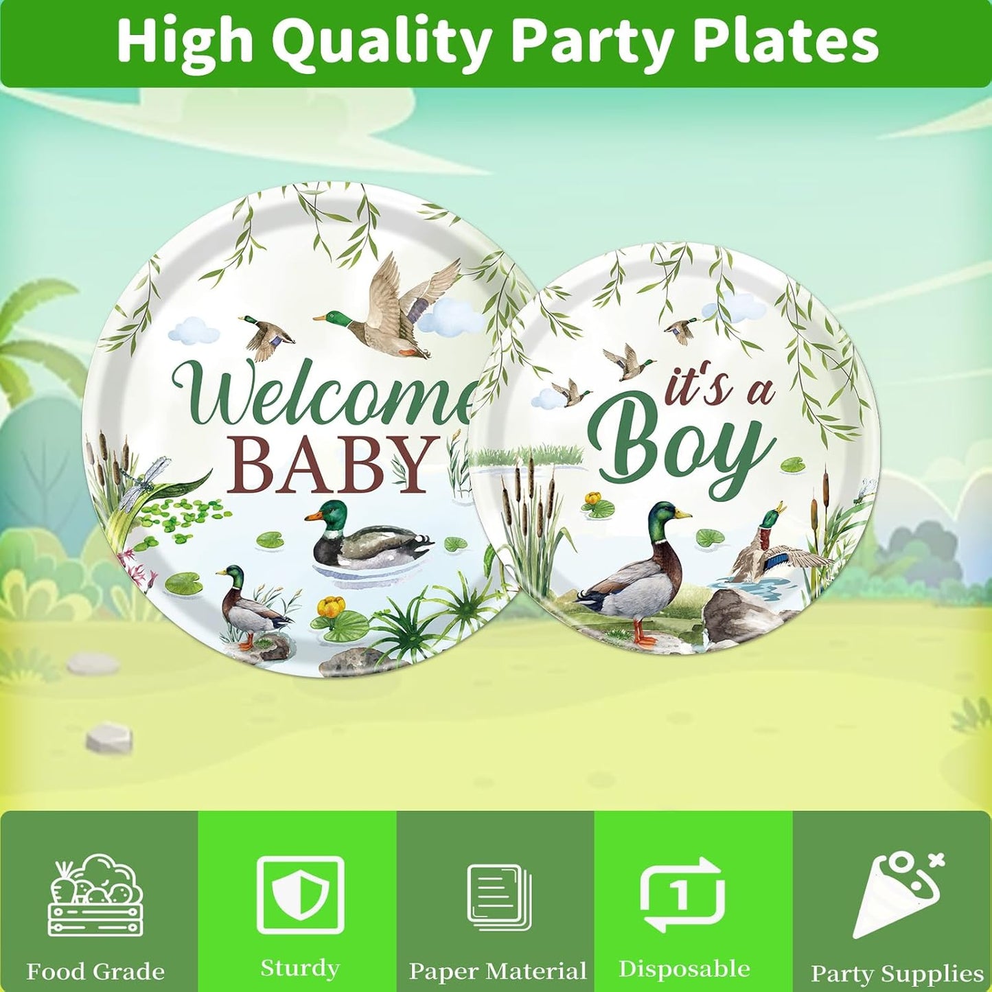 Rakuto Mallard Duck Baby Shower Decorations, 96PCS Duck Hunting Paper Plates and Napkins Tableware Party Decoration Goose Forks Decor Supplies, Serve 24