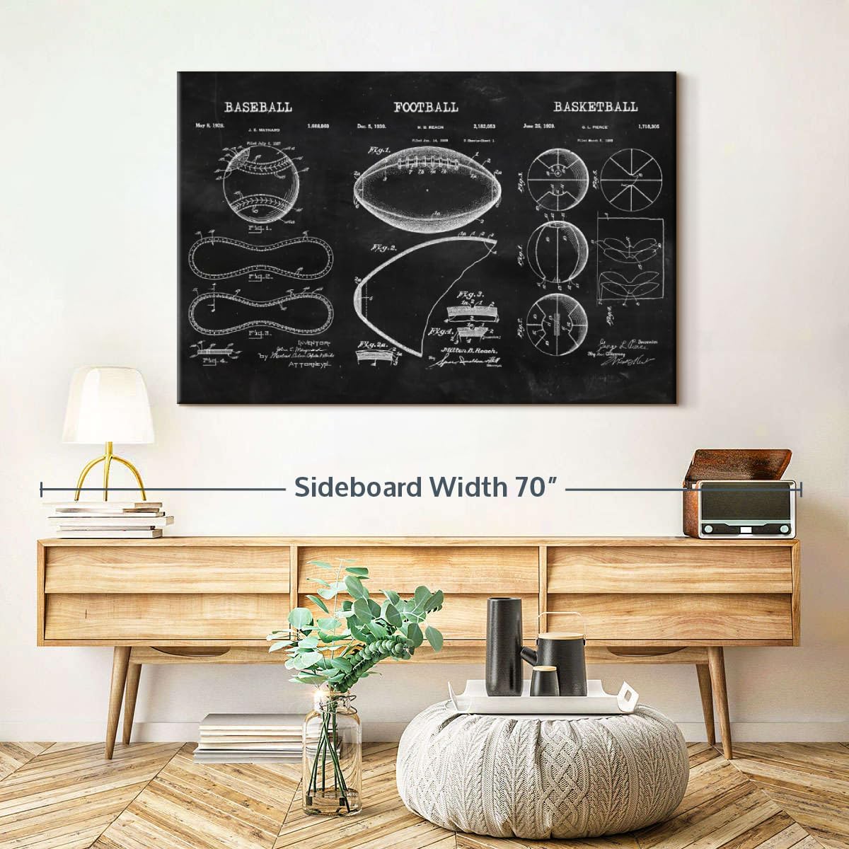 ElephantStock Sports Balls Compilation BW Patent Canvas - 1 Panel Patent Wall Art Decor - Sports Decorations for Boys Room - Wall Art and Office Decor - 48" X 32"