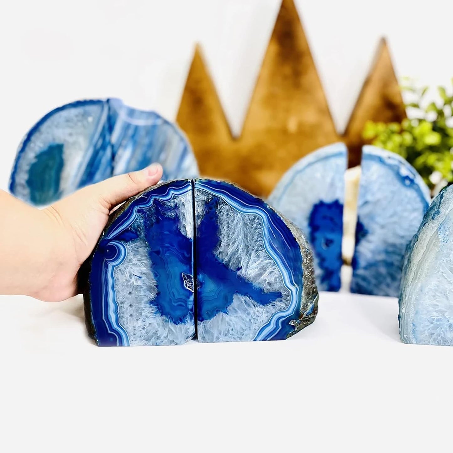 AMOYSTONE Blue Agate Stone Bookends, Heavy Sturdy Bookends for Heavy Books, Rock Crystal Book Holder, 6-8 LBS, Decorative Bookends for Home Office Desk, Perfect Housewarming Gift