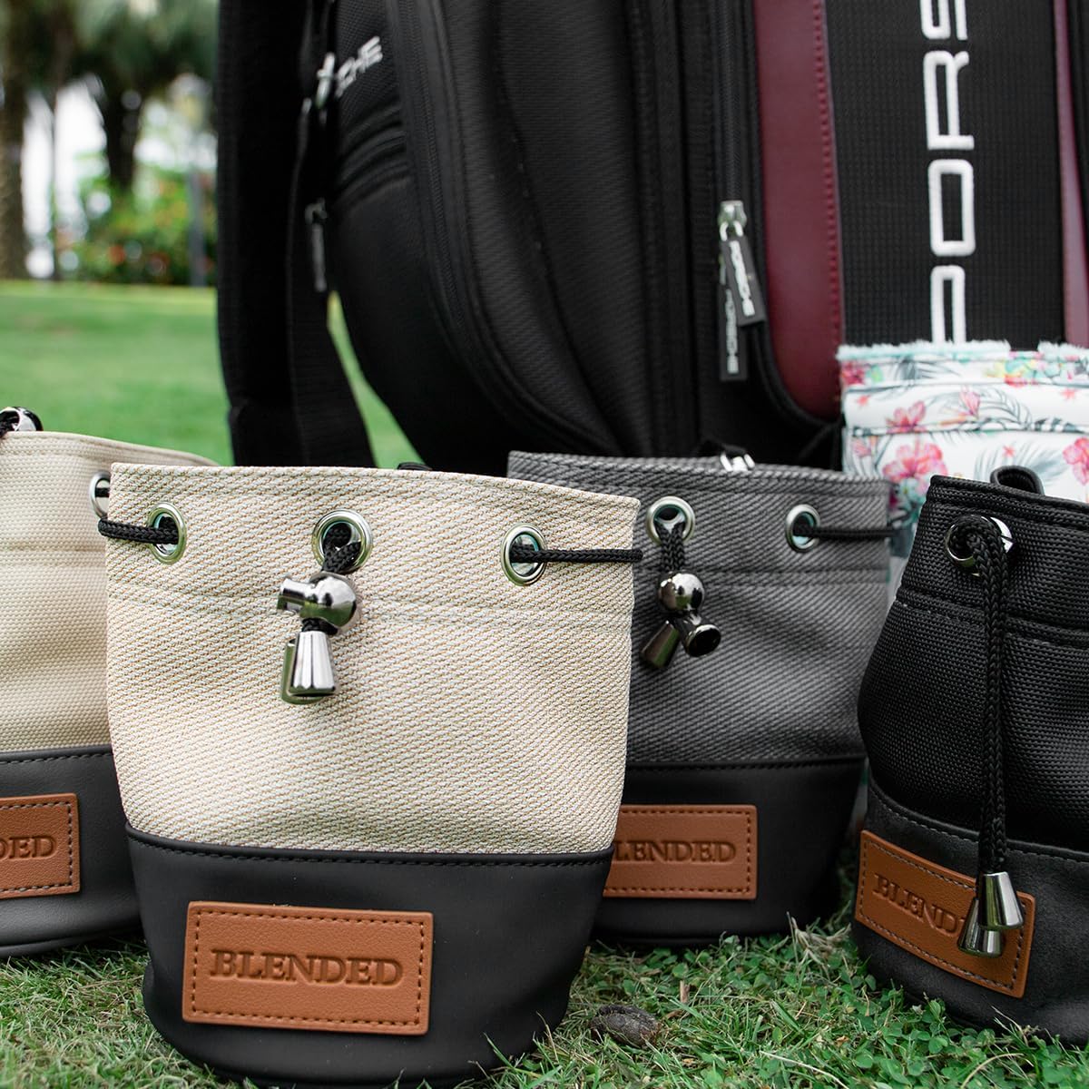 Golf Valuables Pouch,Bucket Waist Design Golf Pouch Bag with Drawstrings Golf Tee Bag Pouch Leather for Men Women (Khaki+Black)