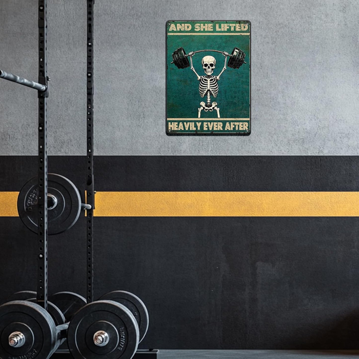 Skeleton Vintage And She Lifted Heavily Ever After Metal Tin Sign 12x16 Inch Gym Metal Poster Funny Skull Gym Tin Sign Home Kitchen Garden Bar Coffee Restaurant Bathroom Are Wall Decor