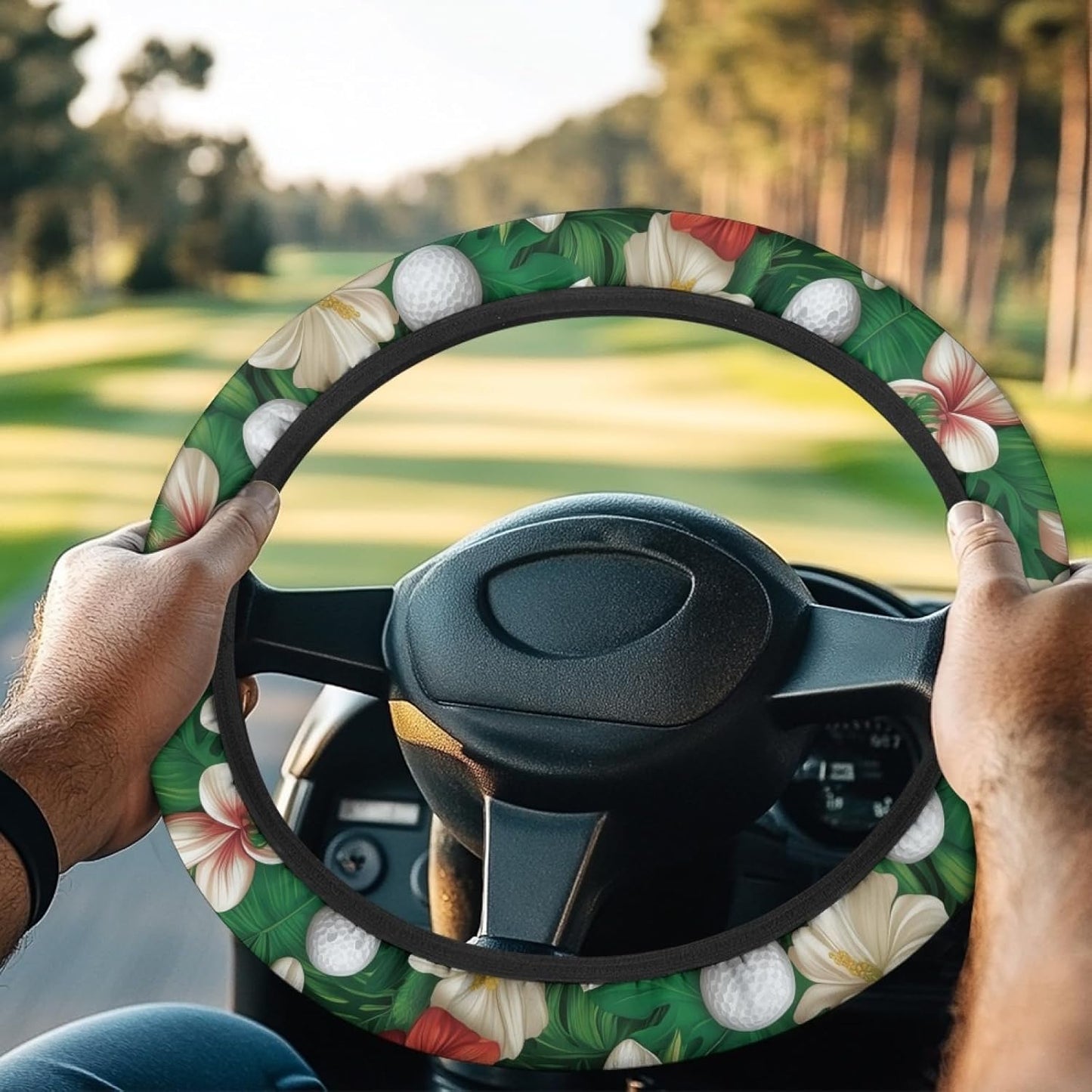 Hibiscus Golf Cart Steering Wheel Cover Golf Ball Golf Cart Steering Wheel Covers for Club Car Universal Fit Boat Steering Wheel Cover Accessories