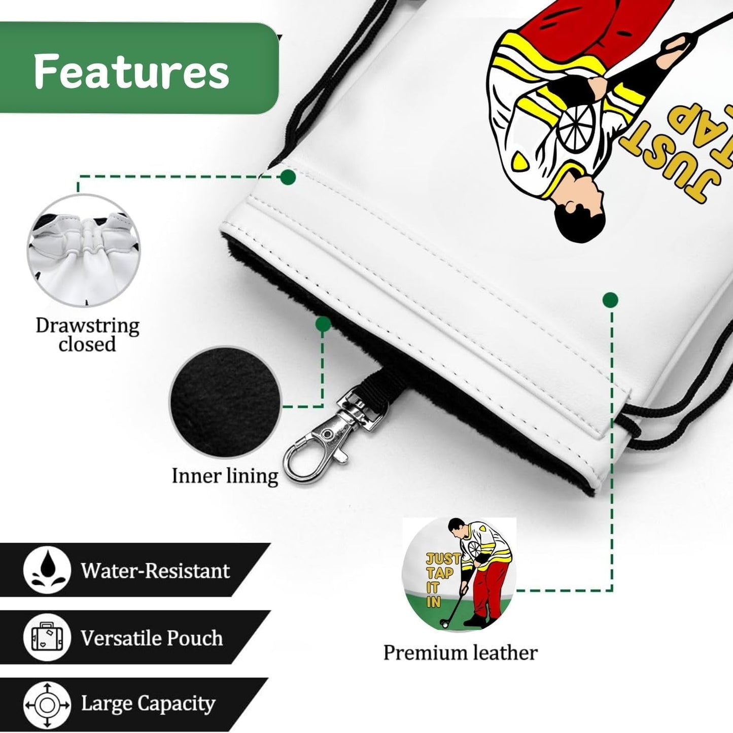 Artpreti Funny Golf Valuables Pouch,Golf Pouch Bag with Drawstrings Golf Tee Bag Pouch Leather Golf Tee Ball Bag for Men Women - Just Tap It in