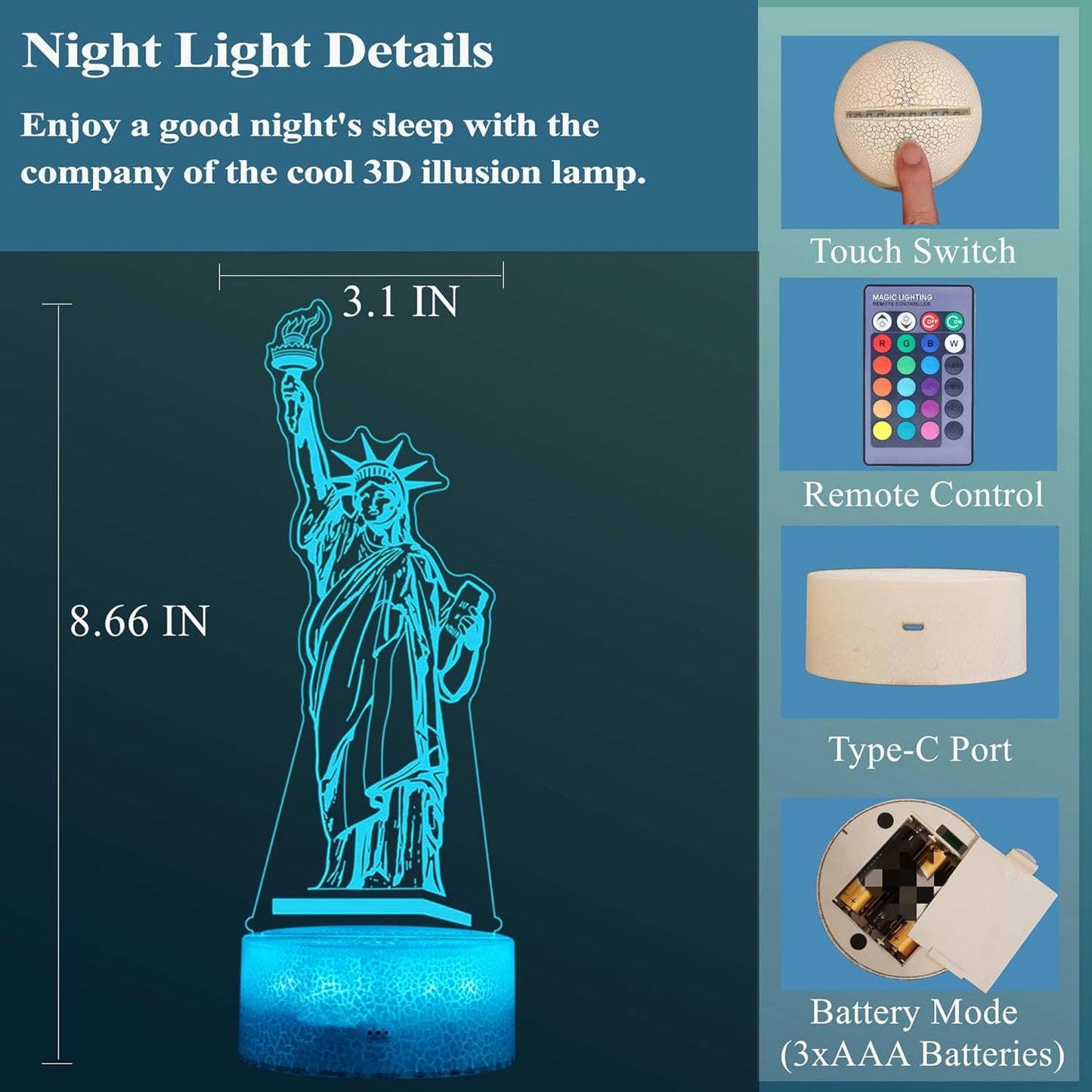 Statue of Liberty Night Light, 3D Illusion Lamp with 16 Colors Changing, Timer, 4 Flash Modes and Dimmable, Kids Boys Girls Room Decor, Holiday Xmas World Landmark Building Gifts