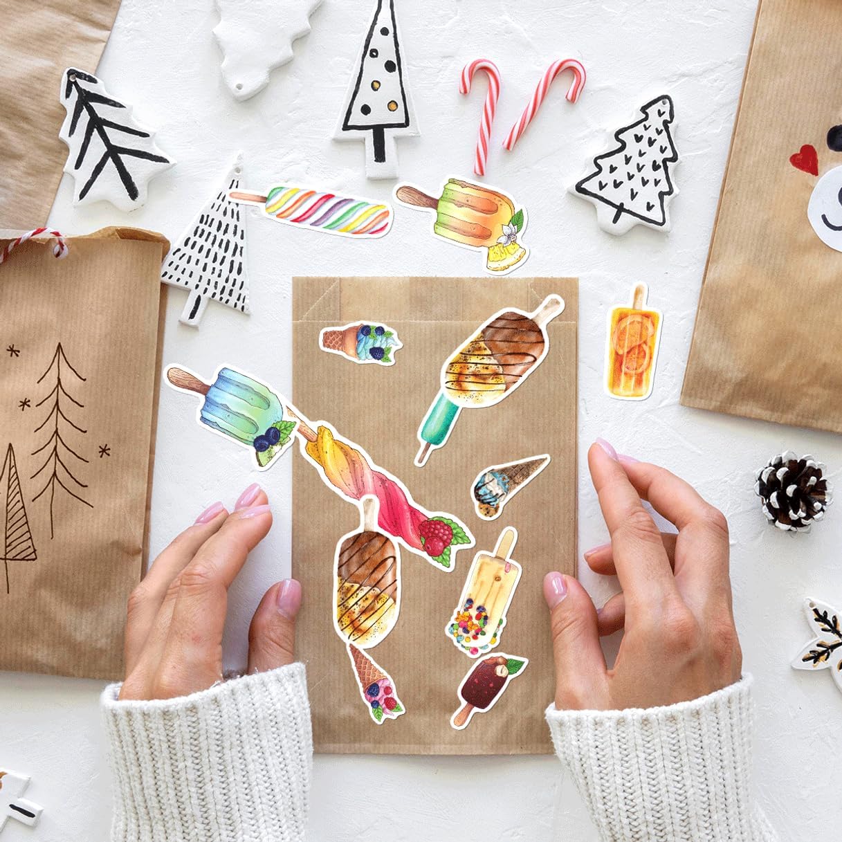 Colorful Ice Cream Popsicle Treats Illustration Vinyl 50pcs Stickers Pack for Kids Teens Scrapbooking Laptop Water Bottle Journaling Wall Decoration Phone Case Bike