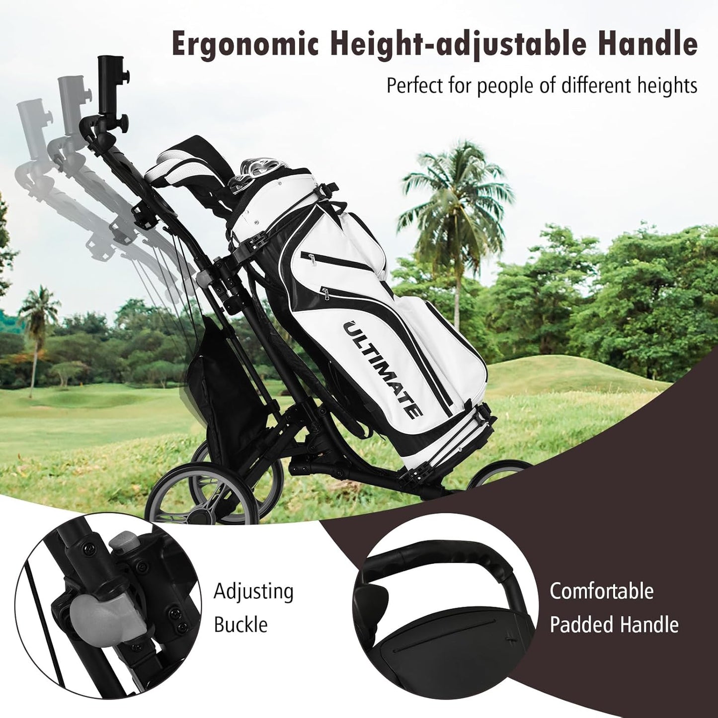 ULTIMATE 3 Wheel Golf Push Cart, Aluminum Folding Golf Walking Push Cart w/Elastic Strap, Umbrella & Cup Holder, Scoreboard Storage, Insulated Storage Bag, Adjustable Handle & Foot Brake