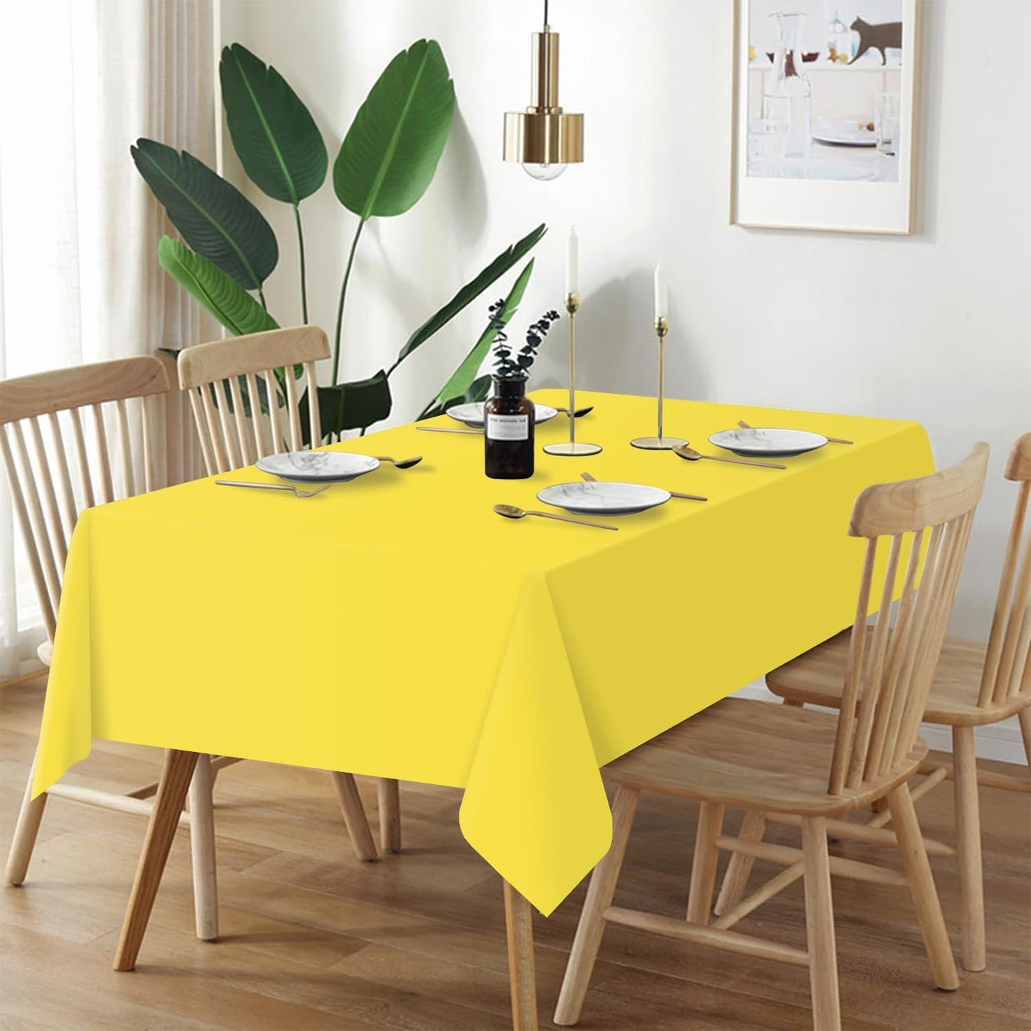 QIKSION Plastic Table Cloth Disposable 12 Pack, 54 x 108 Inch Tablecloths for Rectangle Tables, Yellow Plastic Table Cover