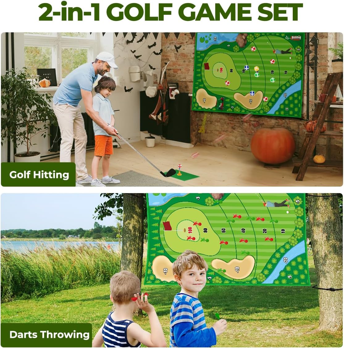 Golf Chipping Game Mat Set, Golf Hitting Training Mat Practice Outdoor Indoor for Adults Family, Kids Outdoor Play Equipment, Stick Chip Games for Backyard Office Home (70.1x47.2in)