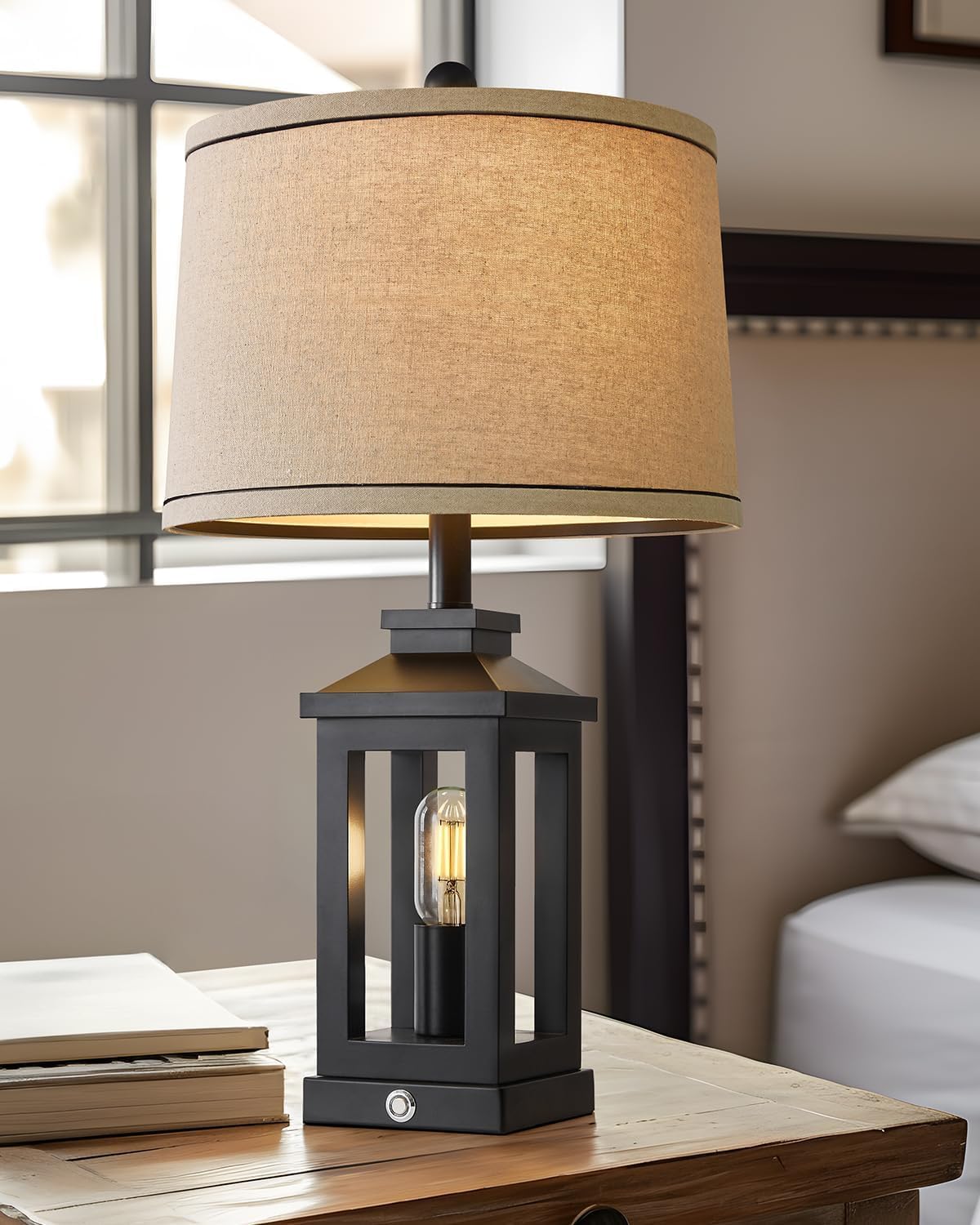 23.75" Retro Farmhouse Black Table Lamp for Living Room Bedroom Nightstand Single Pack Touch Control Bedside Nightlight Vintage Modern Lamp with USB C+A Ports and 2 Light Sources
