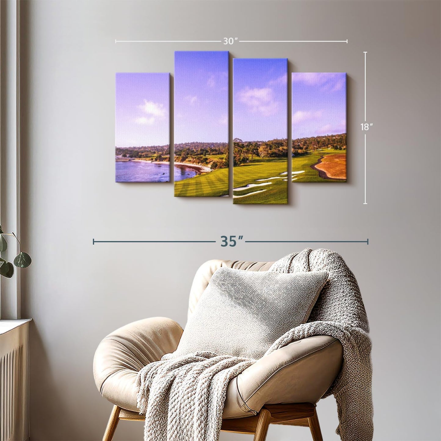 Elephant Stock Coastline Green Golf Course Wall Art - Horizontal Canvas - 4-Piece Living Room Wall Decor - Photography Sports Canvas Print - Blue and Gray Decor for Wall - 30" X 18"