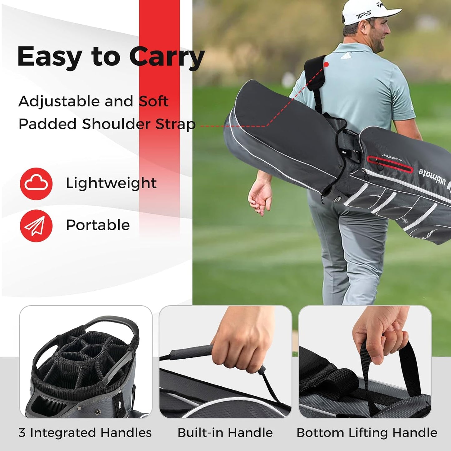 ULTIMATE Golf Cart Bag w/ 15-Way Top Dividers, Lightweight Portable Golf Club Bag w/Individual Putter Holder, 7 Pockets, Cooler Bag, Rain Hood, Umbrella Holder, Padded Shoulder Strap & Handle