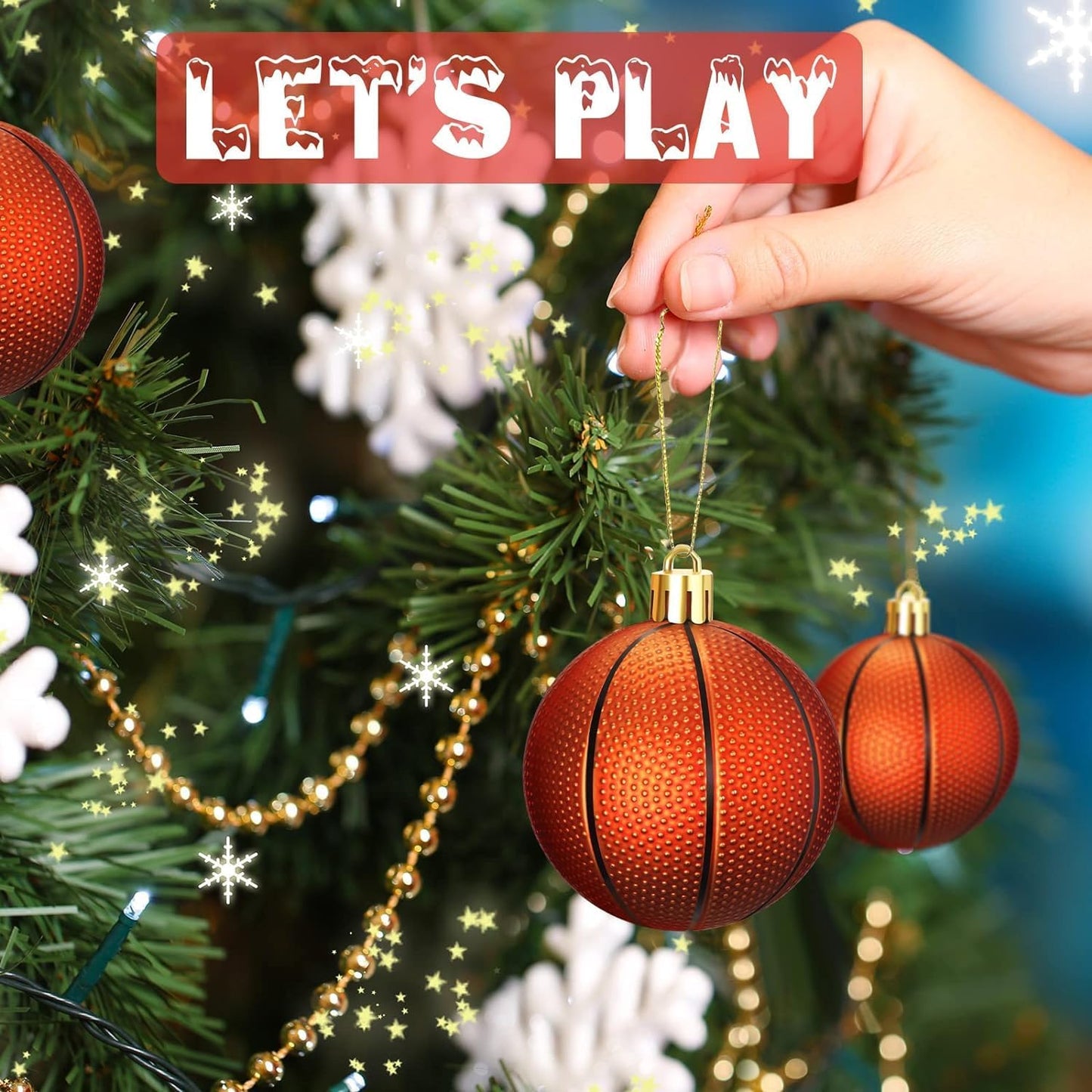 Leitee 12 Pcs Christmas Plastic Basketball 2.36 Inch Xmas Tree Ornaments with Hanging Loop Sports Theme Decorative Hanging Ornaments for Holiday Party Christmas Tree Home