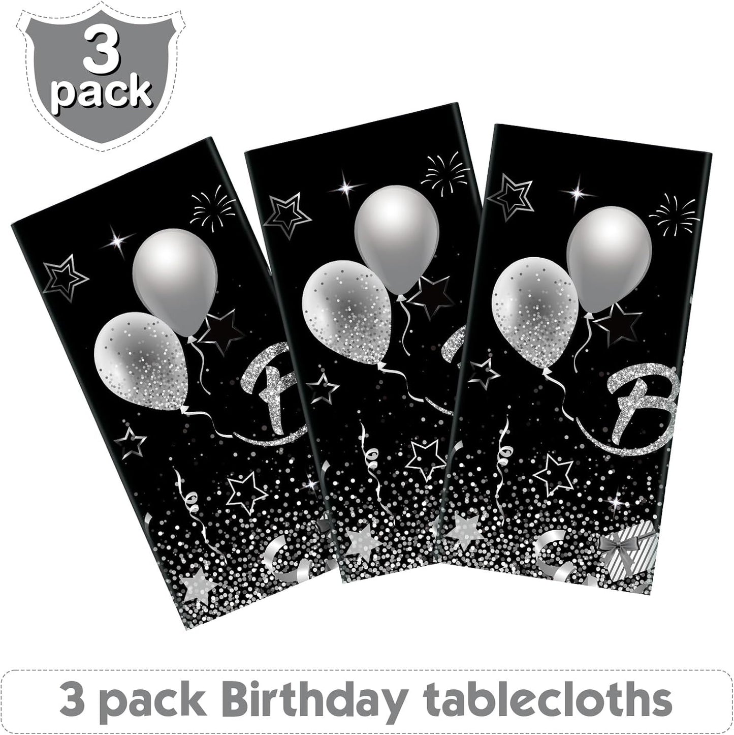 Breling 3 Pack Birthday Party Supplies Confetti Sprinkles Happy Birthday Tablecloths Starry Table Covers for Kids Adults Party Decorations, 54 x 108 Inches (Black and Silver)