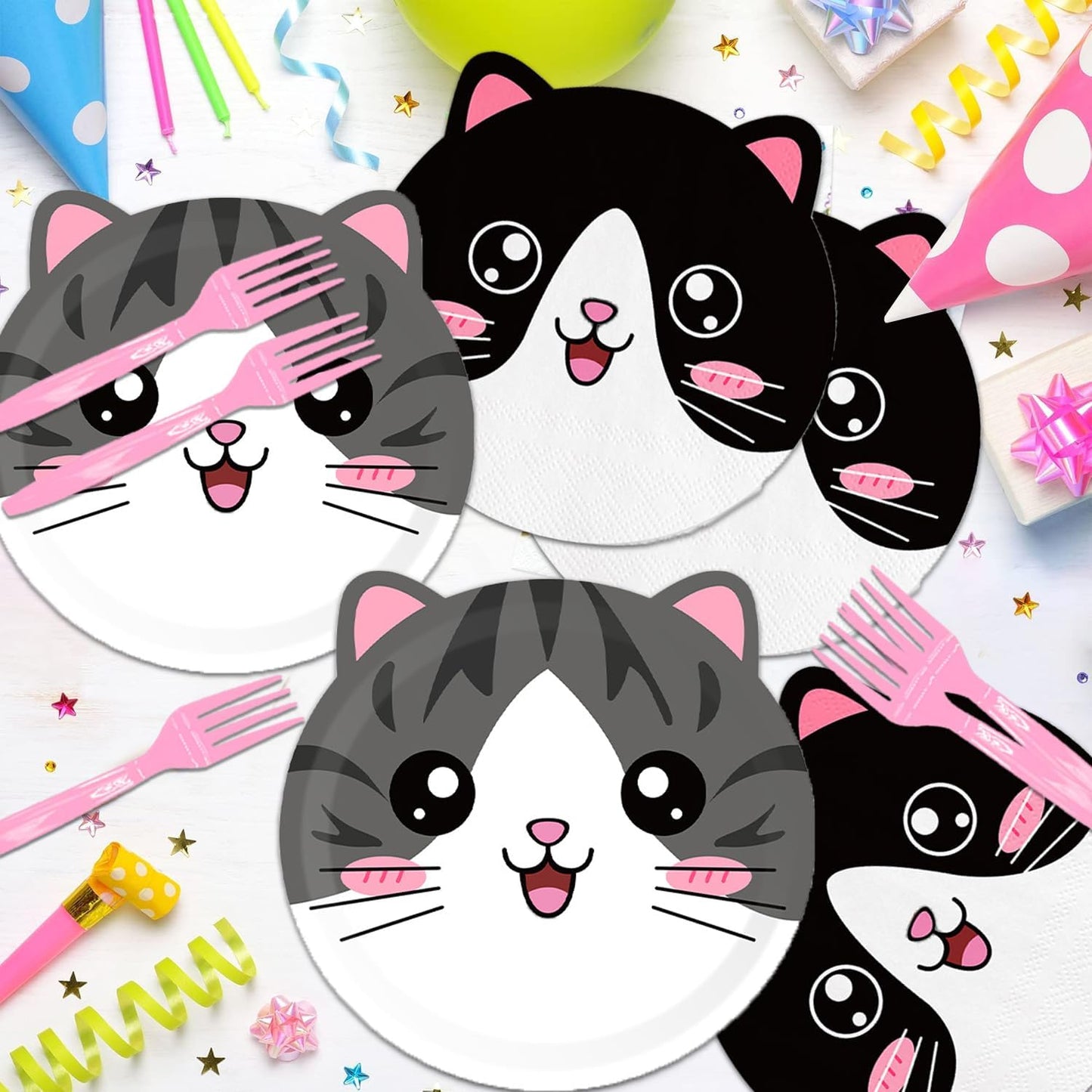 Cat Birthday Party Decorations Disposable Cat Meow Plates and Napkins Forks Supplies Serves 16 Pet Kitten Baby Shower Birthday Party Decorations