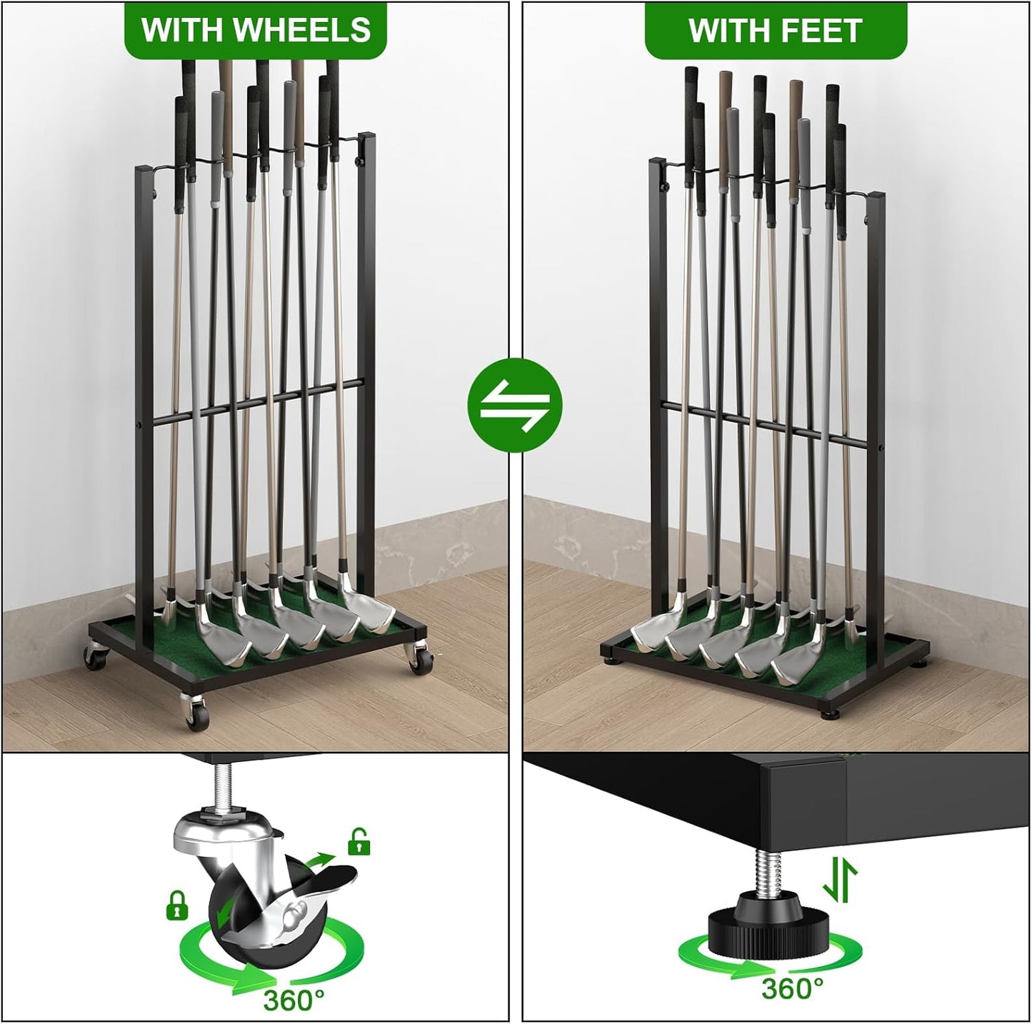 Golf Club Holder Floor Stand Golf Putter Stand with Wheels for 10 Clubs, Solid Metal Golf Club Organizer, Golf Club Storage Rack Cart for Garage Home Office, Indoor and Outdoor Use, Black