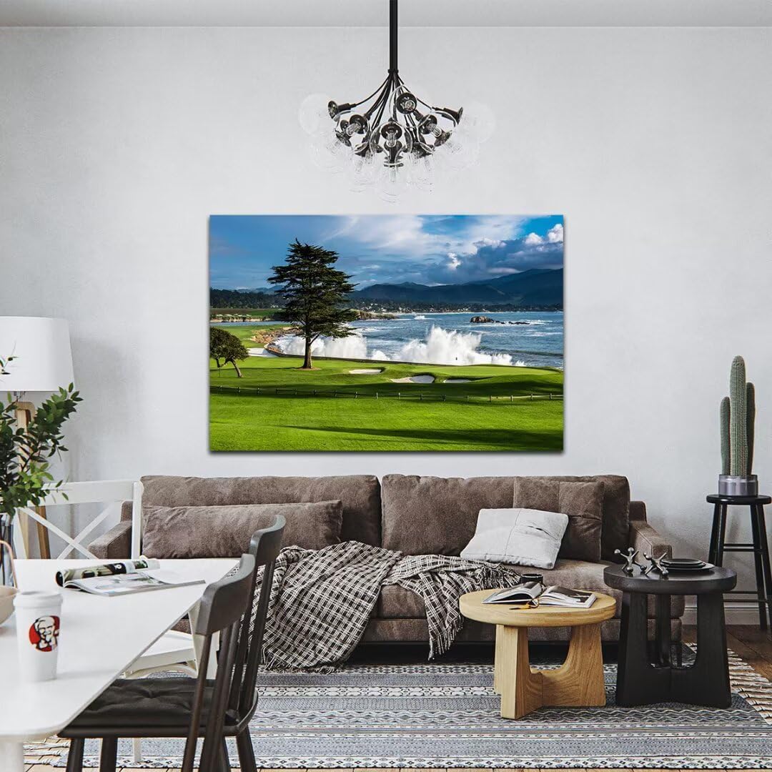HJY Art USA Golf Course Wall Art Pictures Golf Landscape Wall Decor Blue Green Painting Poster for Home Decor Living Room Bedroom Bathroom Office Gym Framed Artwork Ready to Hang (28 x 44 inch)