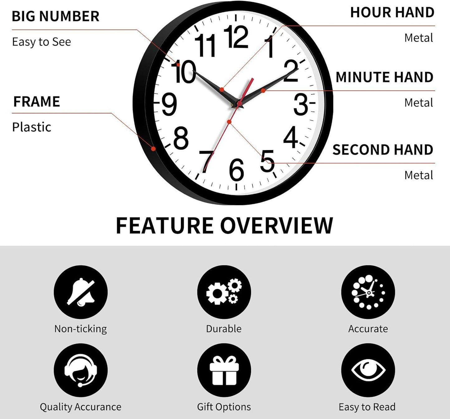 12 Inch Wall Clock Modern Battery Operated Silent Non Ticking Analog for Bedroom Office Living Room Home Kitchen Bathroom(Black)