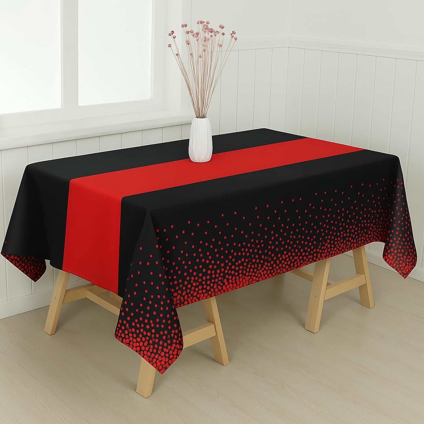 2in1 Disposable Plastic Tablecloths 54" x 108" Black and Red Dot Kitchen Table Cloth Rectangle Table Cover for Wedding Birthday Baby Shower Anniversary Christmas Graduation (Black/Red, 16 Pack)