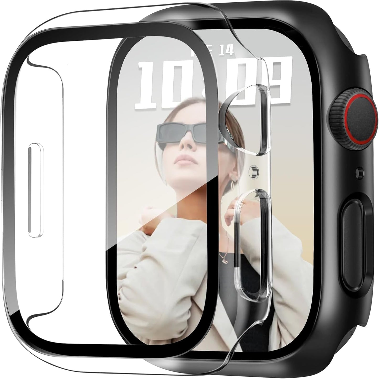 JR.DM 45mm 2 Pack Hard PC Case with HD Tempered Glass Screen Protector for Apple Watch Series 9/8/7, Slim Guard Bumper Full Coverage Protective Anti-Scratch Face Cover for iWatch, Black+Clear