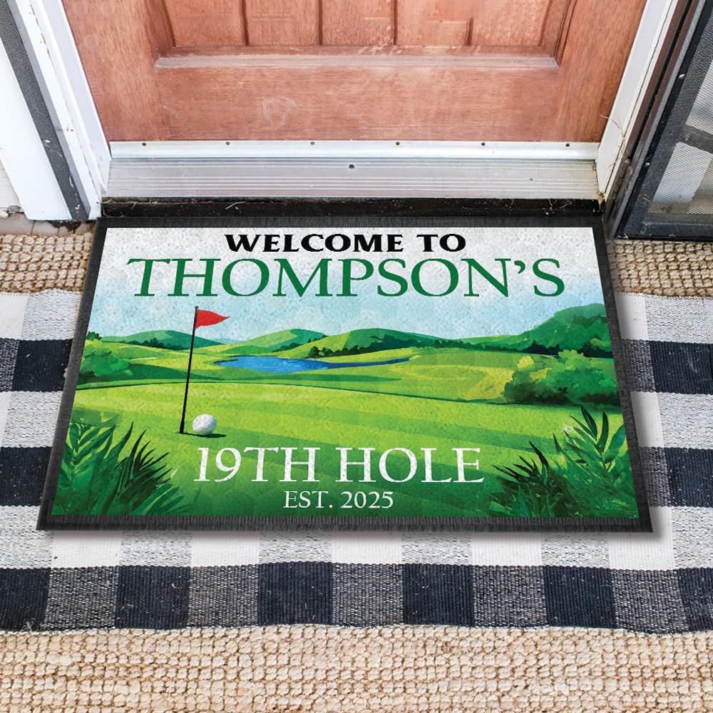 Personalized Golf Doormat – Welcome Mat 19th Hole Mat with Custom Name & Year – Non-Slip Outdoor Entrance Rug for Golf Lovers – Funny Clubhouse Patio Decor – Green Fairway Theme