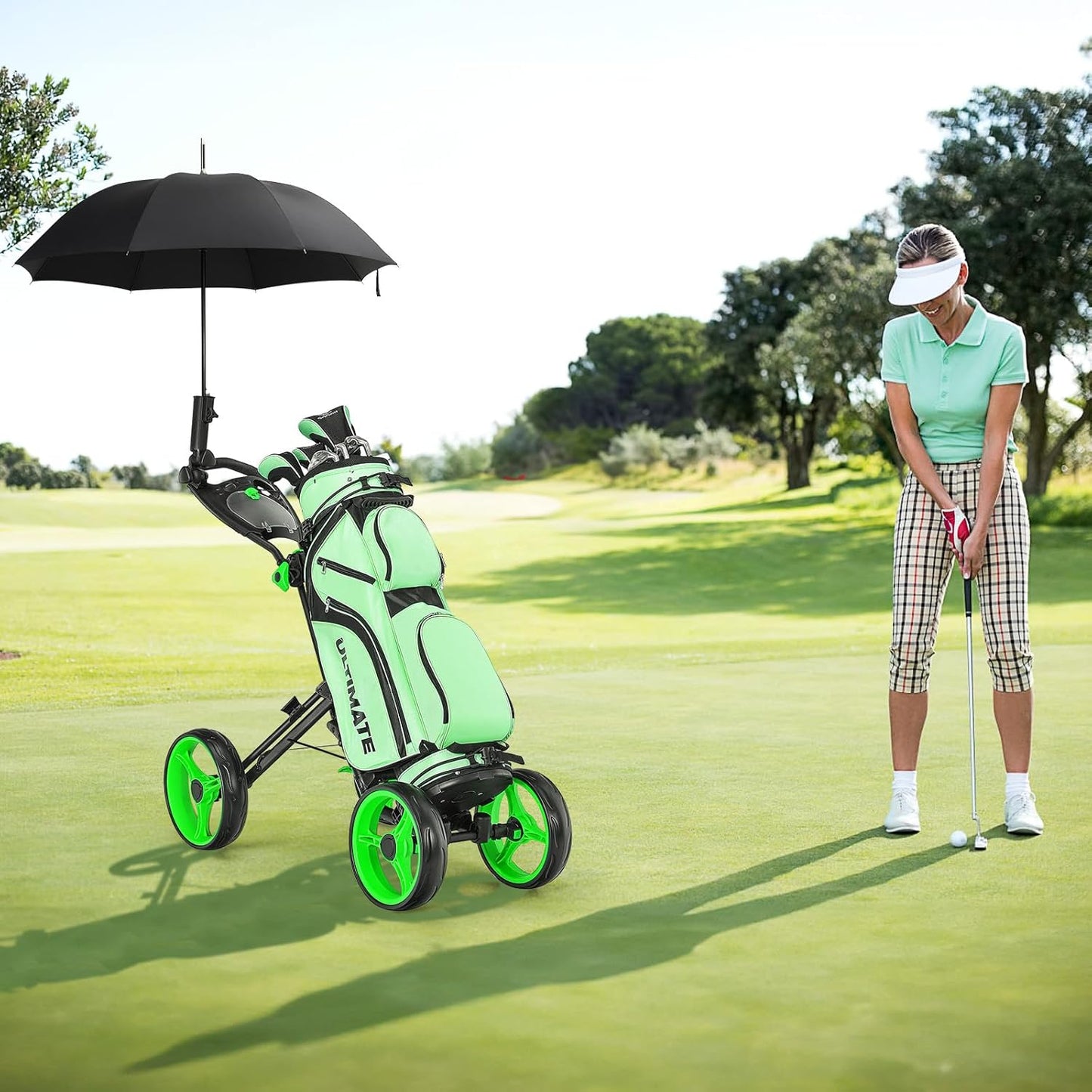 ULTIMATE 4 Wheel Golf Push Cart, Folding Golf Walking Cart w/Elastic Straps, Umbrella&Cup Holder, Scoreboard Storage, Lightweight Golf Trolley Cart w/Height Adjustable Handle&Foot Brake
