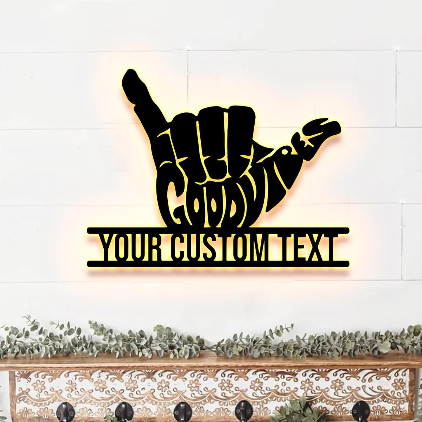 Custom Hang Ten Surfing Hand Metal Wall Art With LED Lights Summer Vibes, Outside Wall Hanging, Home Decor, Birthday Gift, Christmas Gift