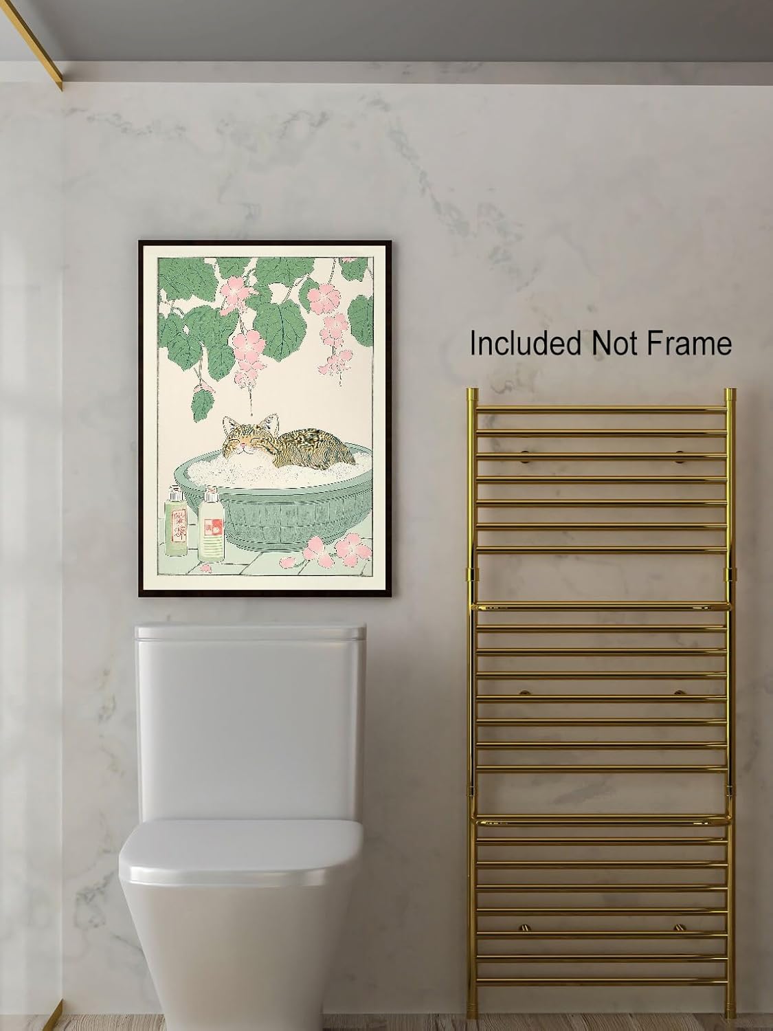 Vintage Tabby Cat in The Bathtub Posters Funny Bathroom Wall Art Cute Animal Lover Canvas Prints Japanese Aesthetic Neutral Minimalist Wall Decor for Dorm Restroom 12x16in Unframed