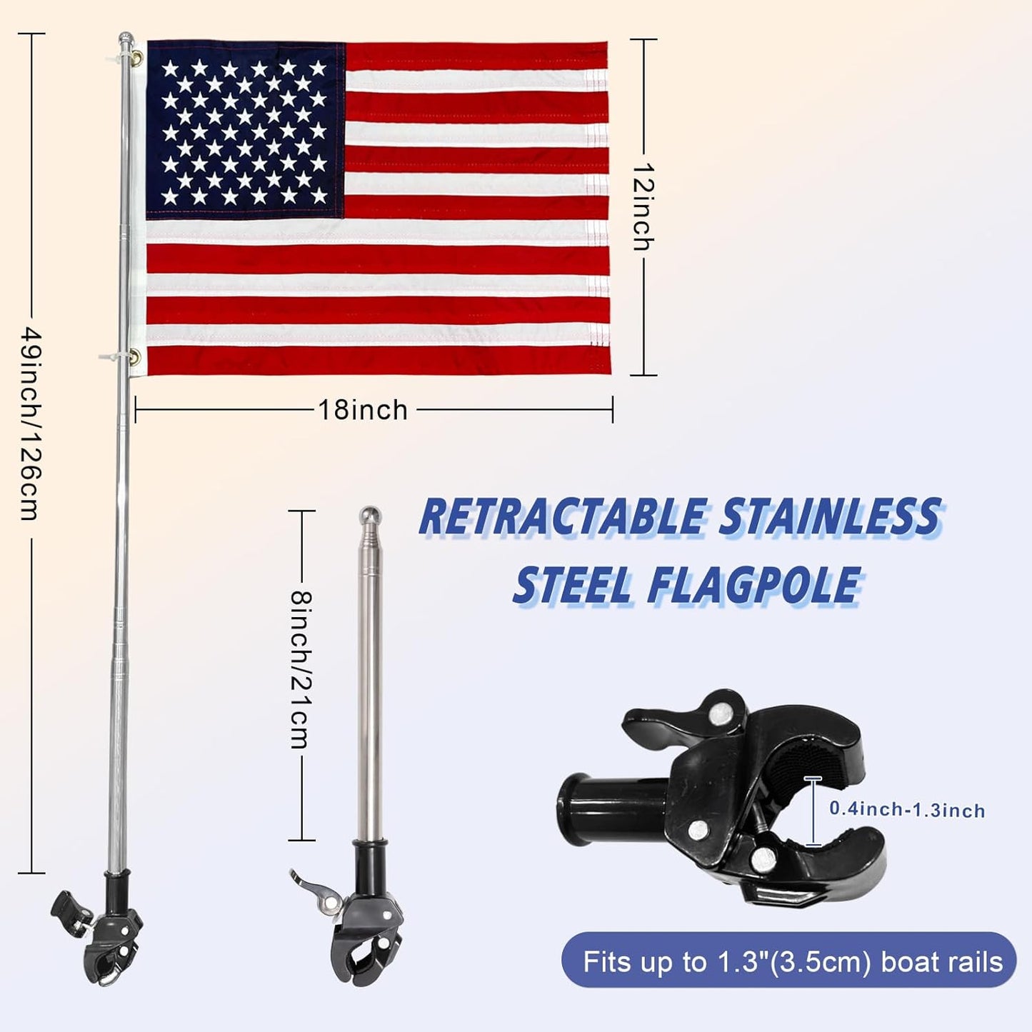 JRED Small American Flag Pole Kit, Retractable Boat Flagpole Holder 12x18 US Flags for Outside, USA Embroidered Stars 2 Brass Grommets for Motorcycle, Golf Cart, Bicycle, Yacht
