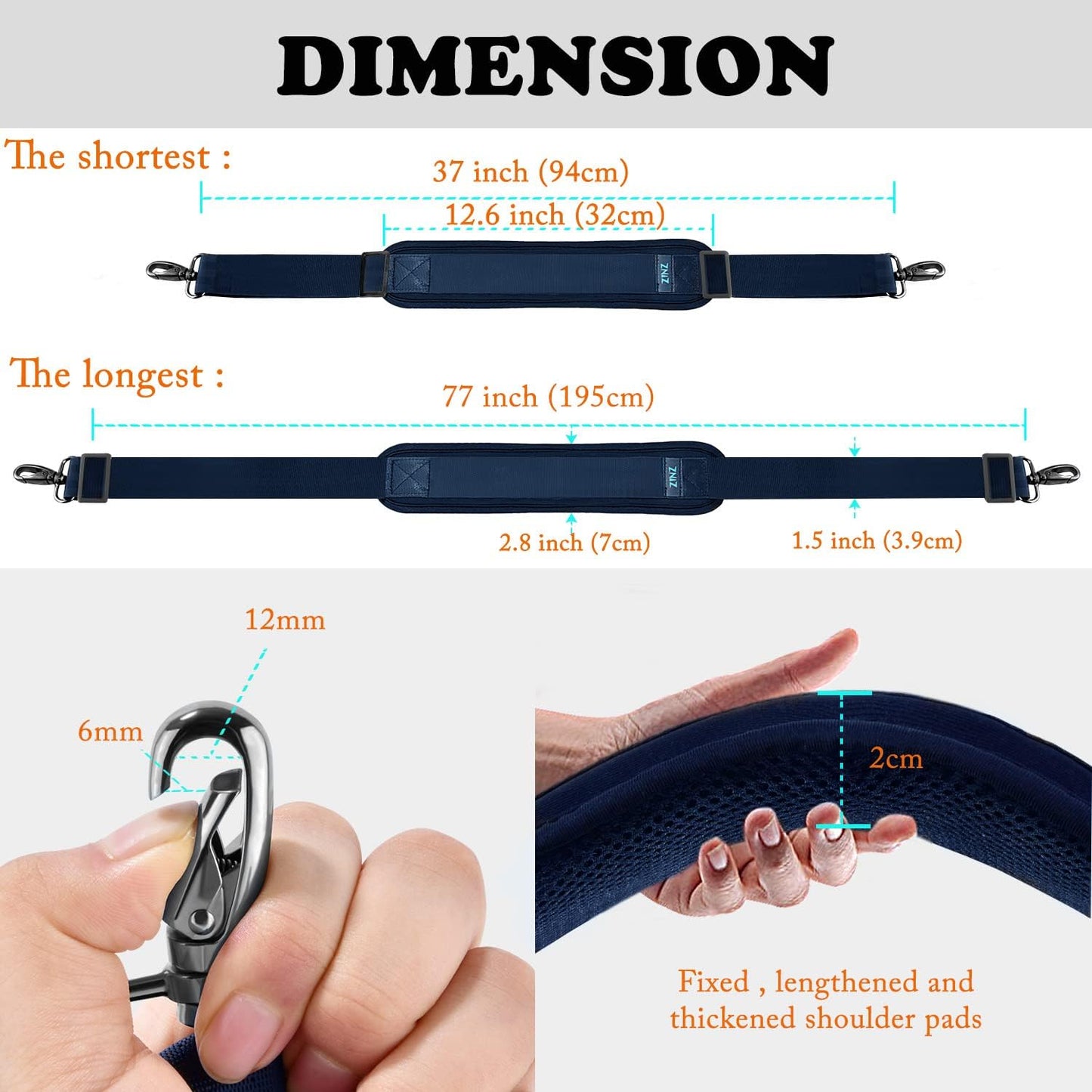 ZINZ 77 Inch Shoulder Strap Univesal Bag Strap with Fixed Pad Ultra Thick Plus Long & Breathable Cushion, Replacement Strap for Bags,Blue