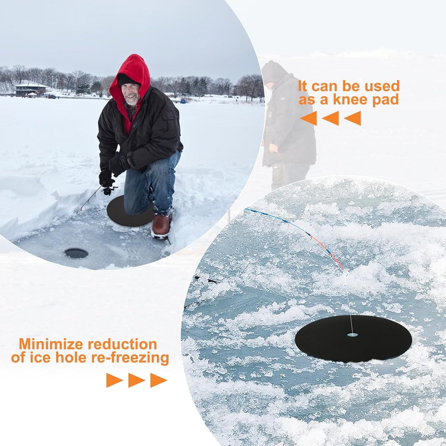 4-Pack Ice Fishing Hole Covers - 12" Insulated Lid for Ice Fish Tip Ups - Essential Winter Fishing Accessories for Fish Houses, Easy to Use and Durable.Black+Orange