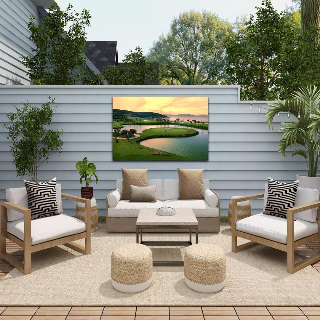 HJY Art USA Golf Course Wall Art for Gym Pebble Beach Golf Course Wall Decor Yellow Green Abstract Painting Poster for Home Decor Living Room Bedroom Bathroom Office Artwork (28 x 44 inch)