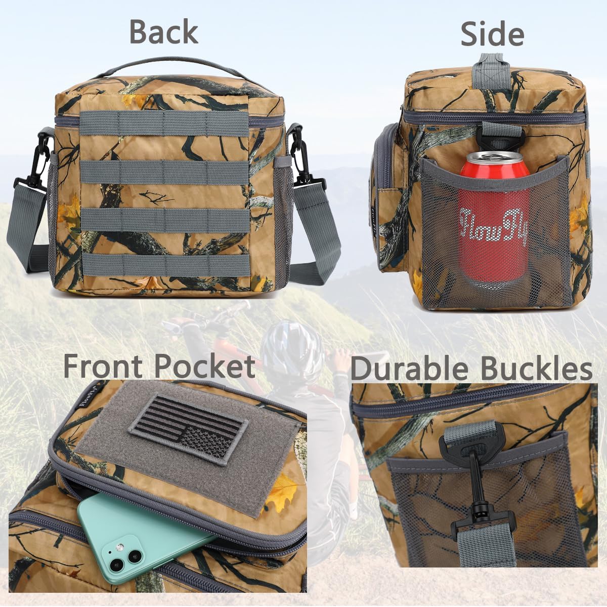 FlowFLy Lunch Bag, Insulated Cooler, Thermal Lunch Box Tote with MOLLE/PALS Webbing, Adjustable Padded Shoulder Strap, for Tactical Men Women Adults and Boys Girls Kids (Maple Leaves Camo, Medium)