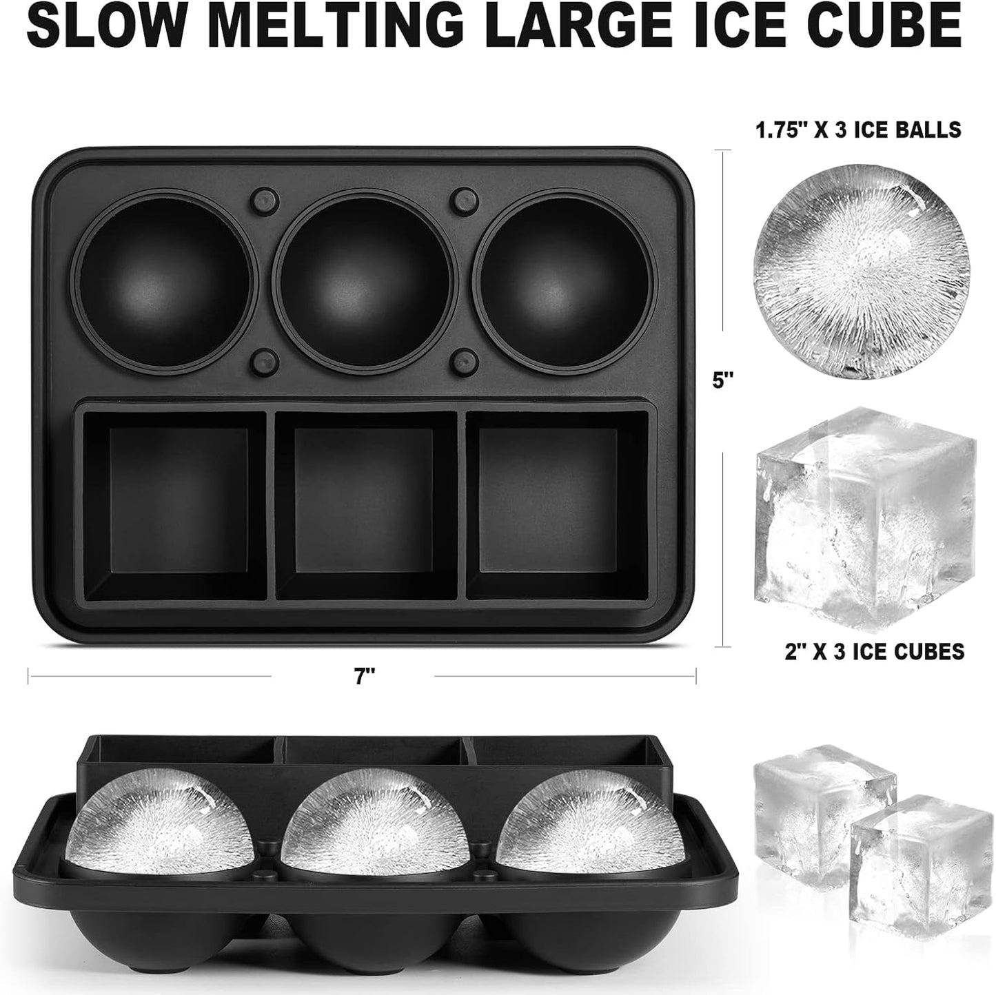 Nax Caki Ice Cube Molds Tray, Large Silicone Whiskey Ice Mold,2-in-1 Round Sphere Ice Ball Maker & Square Ice Trays for Cocktails, Bourbon, Whiskey Gifts for Men from Daughter Wife Son Kids… Black