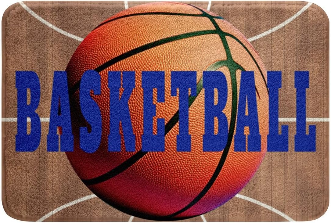 Feelyou Basketball Polyester Bath Rug Basketball Court Print Soft Fleece Door Carpet for Kids Boys Girls Orange Basketball Non Slip Bath Mat Ball Game Bathroom Floor Indoor Doormat,16x24 Inch