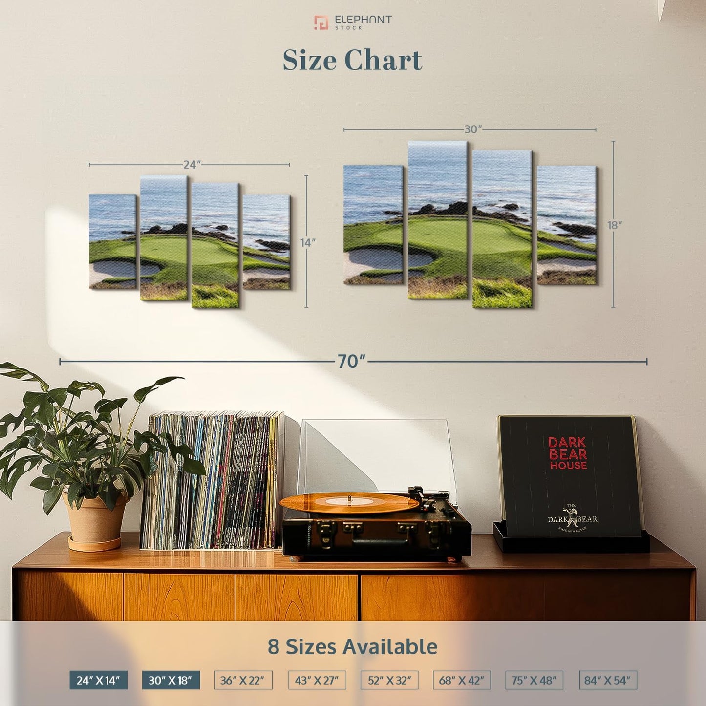 Elephant Stock Pebble Beach Golf Turf Wall Art - Horizontal Canvas - 4-Piece Hallway Wall Decor - Photographic Canvas Print - Brown and Blue Decor for Wall - 30" X 18"